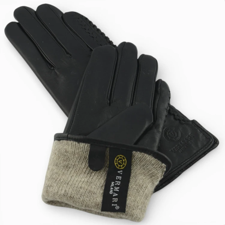 Vermari Milano VWGL-4007 - black leather gloves with the wool lining turned out and a Vermari Milano label