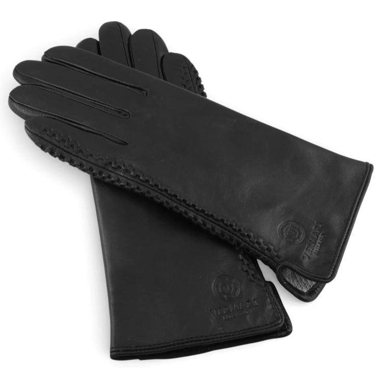 Vermari Milano VWGL-4007 - pair of black leather gloves laid horizontally, braided stitching along the edge and embossed logo
