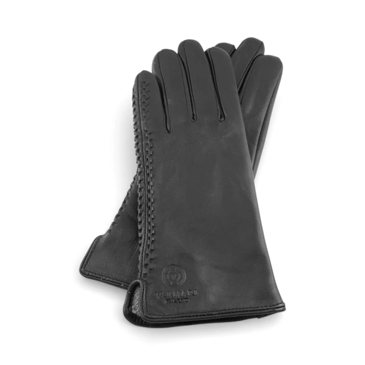 Vermari Milano VWGL-4007 - two black leather gloves standing upright, braided stitching along the outer line of the hand