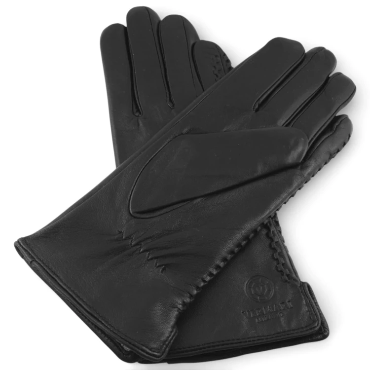 Vermari Milano VWGL-4007 - black leather gloves, elastic gathering underneath at the wrist and braided stitching in view