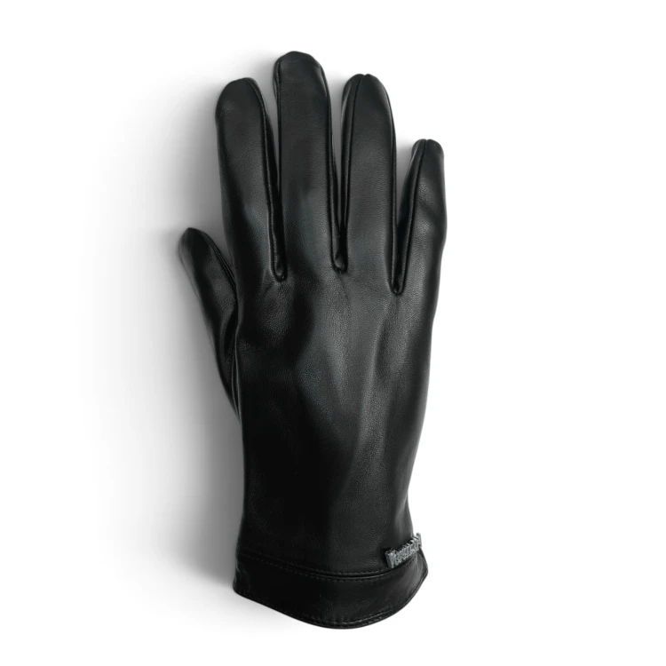 Men's touchscreen leather gloves Vermari Milano VMGL-2010L - back of hand with metal lettering at the lower cuff edge
