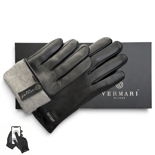 Men's touchscreen leather gloves Vermari Milano VMGL-2010L - pair on black gift box with grey knit at the cuff