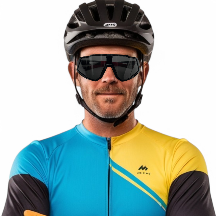 M100 C1 okulary sportowe czarne z czerwonymi zausznikami noszone przez kolarza
