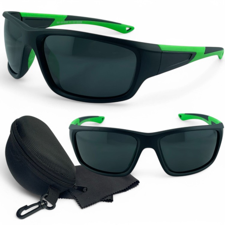 Okulary sportowe M103 C1 czarne z zielonymi detalami i etui - zestaw