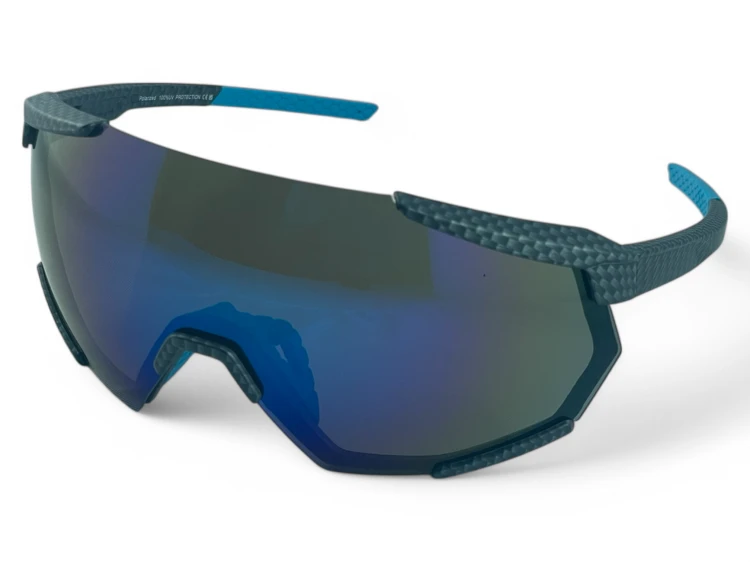 Okulary sportowe M108 C4 - widok z boku, soczewka lustrzana niebieska, ramka karbonowa