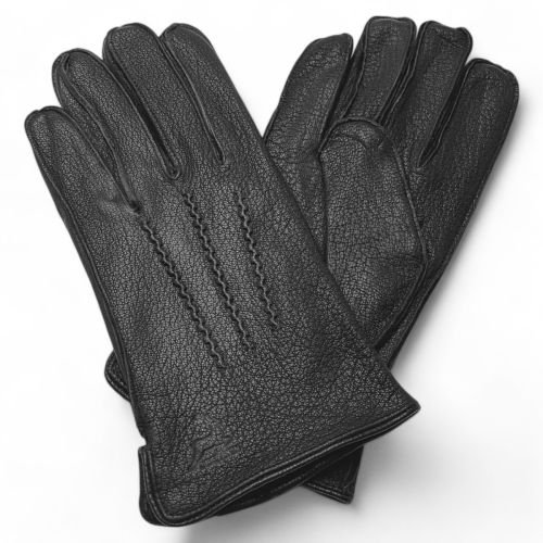 Men's leather gloves PRIUS LUX PRMG-2005B - laid crosswise with wavy stitching and the palm side visible