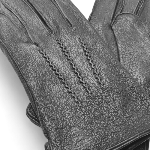 Men's leather gloves PRIUS LUX PRMG-2005B - close-up of wavy stitching and the embossed deer emblem