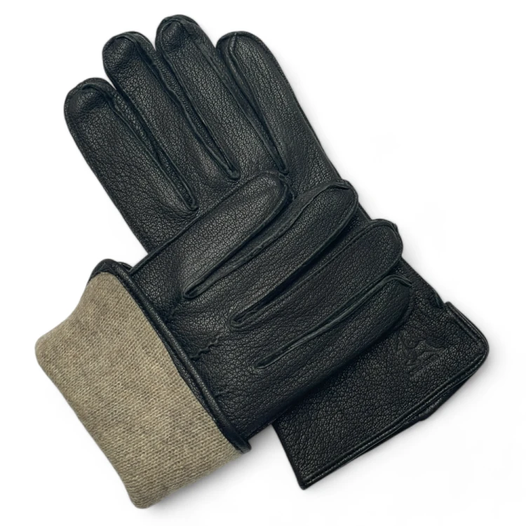 Men's leather gloves PRIUS LUX PRMG-2005B - laid crosswise with a wide folded gray-beige knit cuff