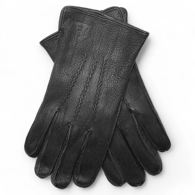 Men's leather gloves PRIUS LUX PRMG-2005B - crossed with fingers pointing down and an embossed emblem at the cuff