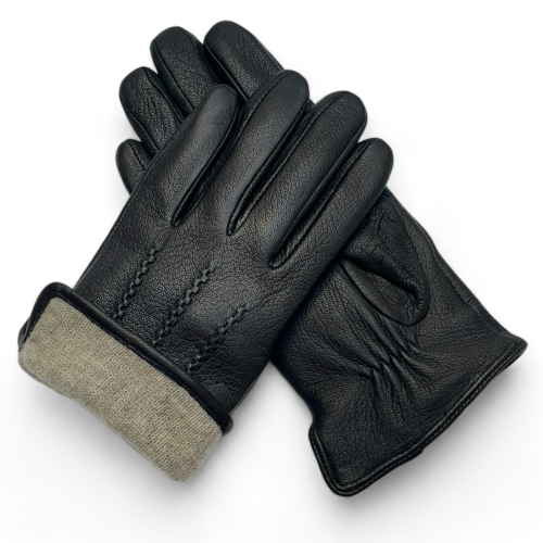 Men's leather gloves PRIUS LUX PRMG-2001 - laid crosswise with a folded cuff showing the gray-beige lining