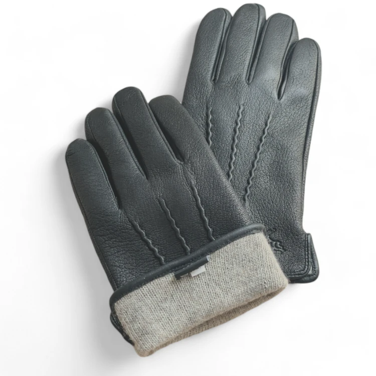 Men's leather gloves PRIUS LUX PRMG-2005 - laid one on the other with a folded cuff and a light lining