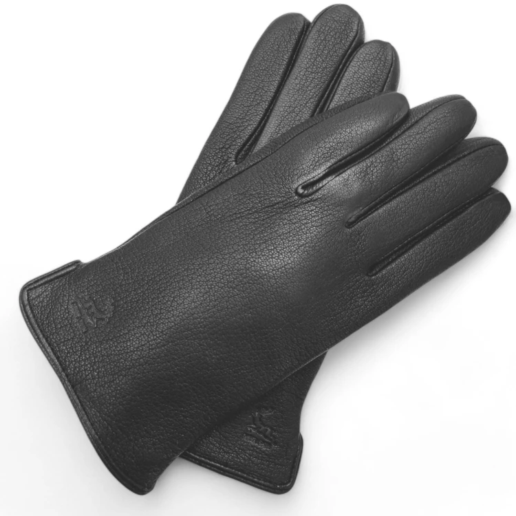 Men's leather gloves PRIUS LUX PRMG-2003 - laid crosswise showing the cuff binding and the side cut-out
