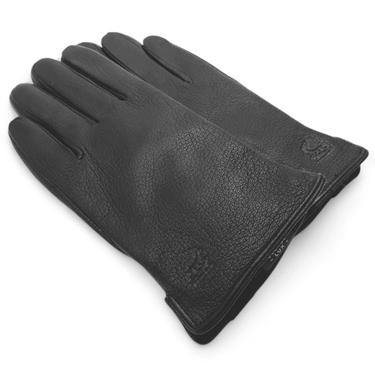 Men's leather gloves PRIUS LUX PRMG-2003 - laid diagonally with an embossed deer and a woven label in the cuff