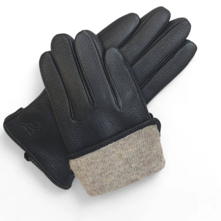 Men's leather gloves PRIUS LUX PRMG-2003 - laid crosswise with a widely folded cuff showing the lining