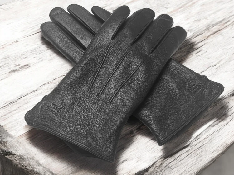 Men's leather gloves PRIUS LUX PRMG-2006 - laid crosswise on light wood with the back of the hand facing up