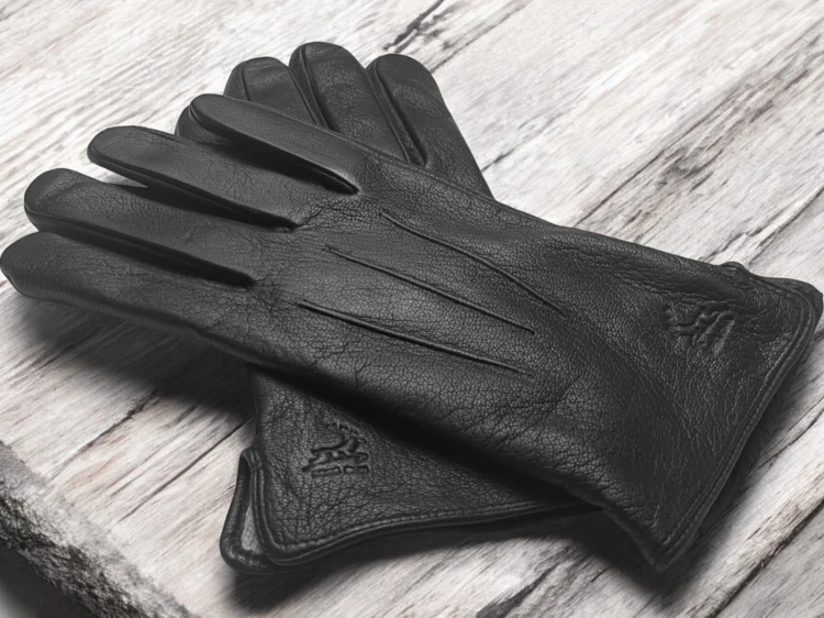 Men's leather gloves PRIUS LUX PRMG-2006 - laid diagonally on light boards showing the binding and the cut-out