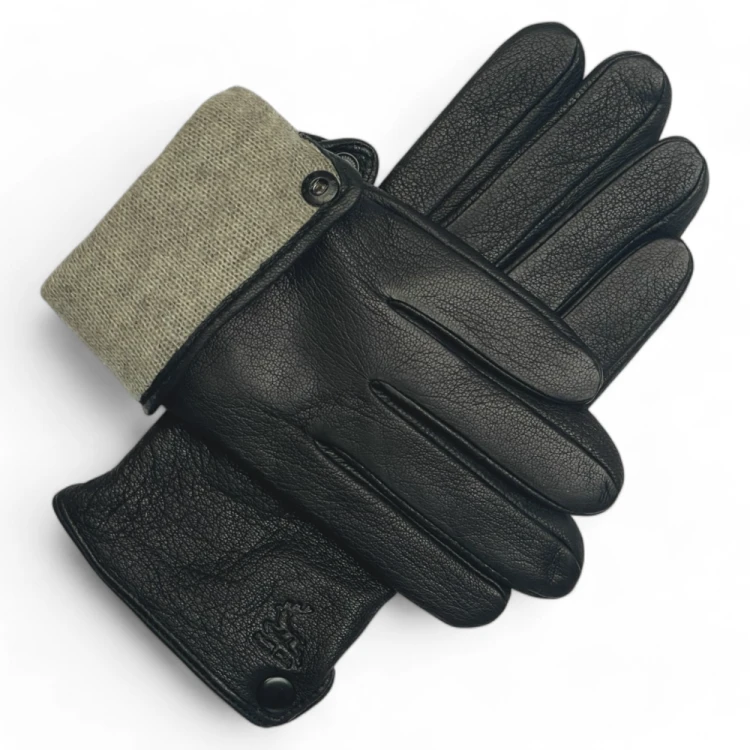 Men's leather gloves PRIUS LUX PRMG-2007 - laid crosswise with a folded cuff and a visible snap