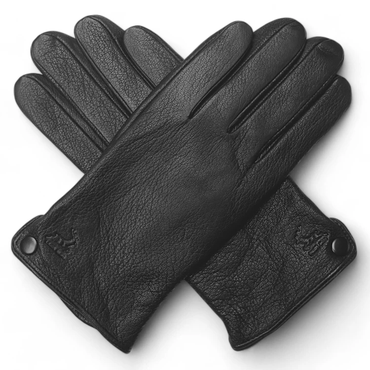 Men's leather gloves PRIUS LUX PRMG-2007 - laid in an X shape with the snaps and the embossed deer
