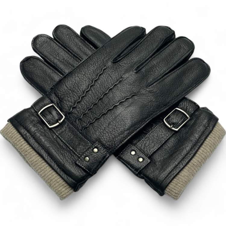 Rękawiczki skórzane męskie czarne PRMG-2009 – widok z góry, ułożone płasko