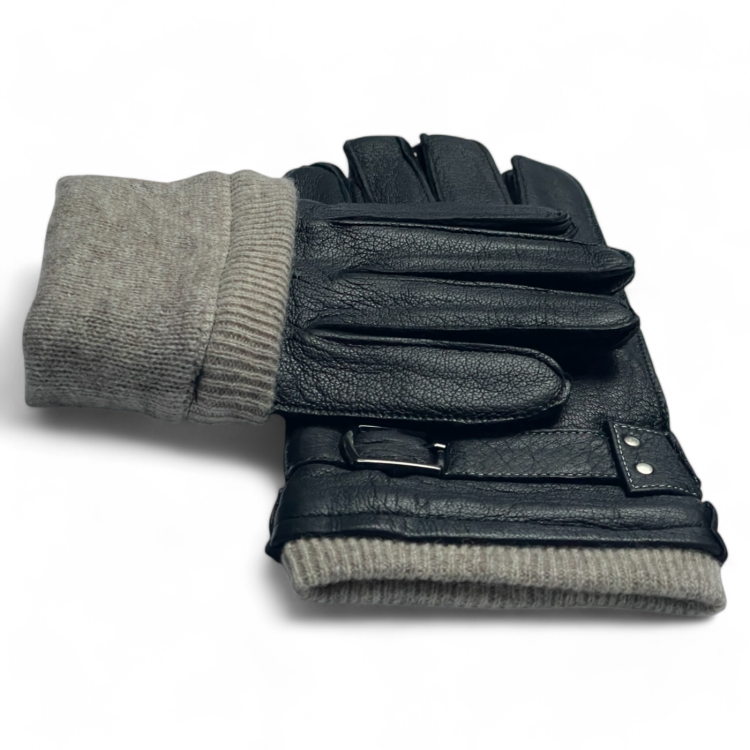Rękawiczki zimowe męskie czarne PRMG-2009 – prezentacja faktury skóry i ocieplenia