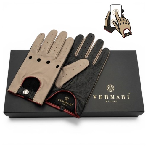 Men's touchscreen leather driving gloves Vermari Milano VMGL-2025 - beige and black on a gift box with the brand logo