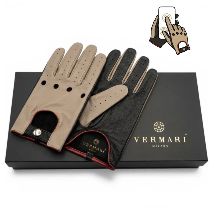 Men's touchscreen leather driving gloves Vermari Milano VMGL-2025 - beige and black on a gift box with the brand logo