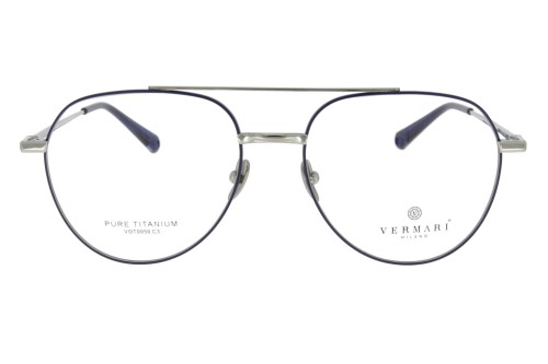 Okulary korekcyjne unisex Vermari Milano VOT0050 C3 srebrne z granatowym rantem tytan widok z przodu