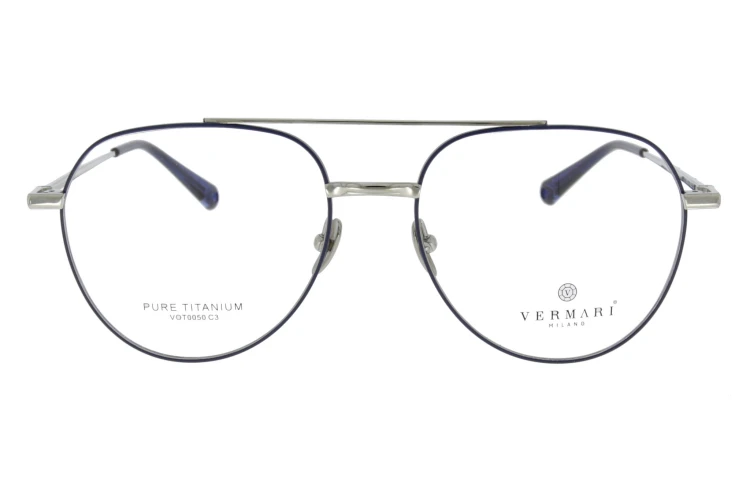 Okulary korekcyjne unisex Vermari Milano VOT0050 C3 srebrne z granatowym rantem tytan widok z przodu