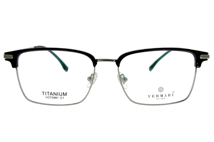 Okulary korekcyjne unisex Vermari Milano VOT0081 C1 czarny połysk z srebrnym dołem tytan widok z przodu