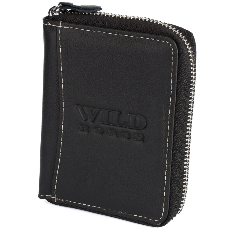 Męski portfel skórzany Wild Horse 6, czarny, pionowy, z białym przeszyciem i srebrnymi okuciami. Widoczny z przodu, zamknięty, na białym tle.
