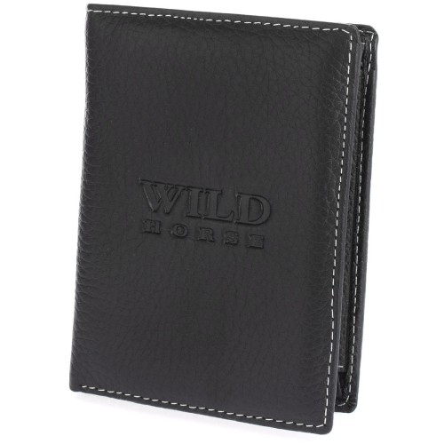 Męski portfel skórzany Wild Horse 11B czarny. Pionowy portfel z naturalnej skóry z białym przeszyciem i tłoczonym logo.