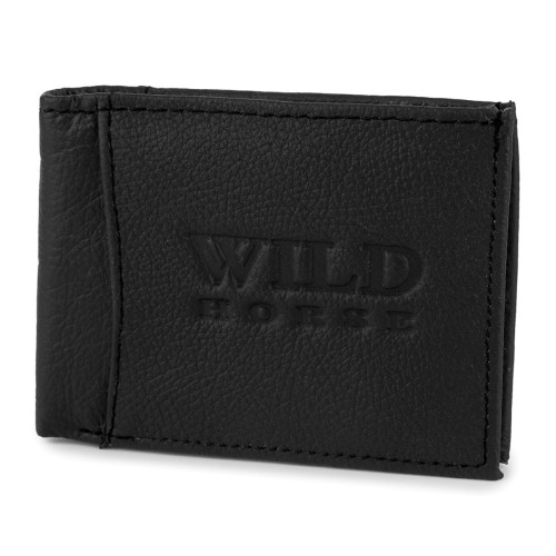 Męski portfel skórzany Wild Horse 33B czarny, poziomy, wykonany z naturalnej skóry o ziarnistej fakturze. Widoczne tłoczone logo marki.