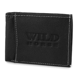 Portfel skórzany męski Wild Horse 33B - czarny, strukturalna skóra, białe przeszycie, poziomy, RFID