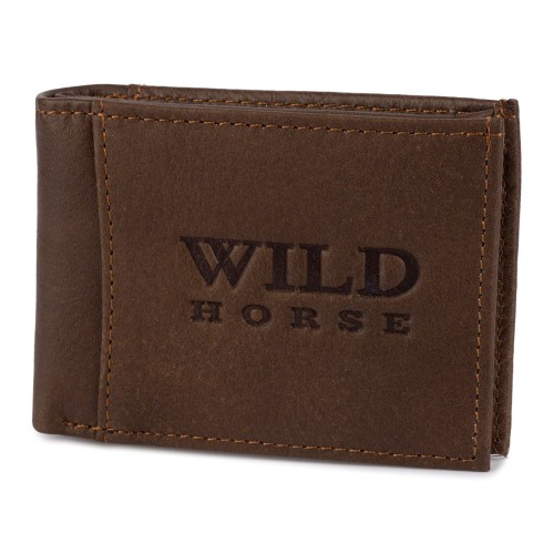 Męski portfel skórzany Wild Horse 33B brązowy kasztan. Poziomy, zamknięty portfel ze skóry naturalnej z widocznym tłoczonym logo "WILD HORSE" i ozdobnym przeszyciem.