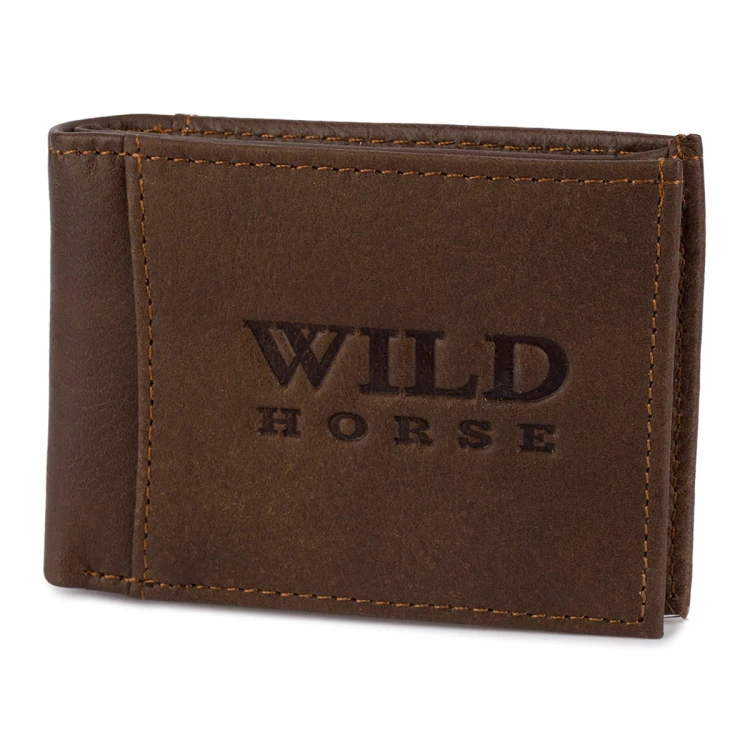 Męski portfel skórzany Wild Horse 33B brązowy kasztan. Poziomy, zamknięty portfel ze skóry naturalnej z widocznym tłoczonym logo "WILD HORSE" i ozdobnym przeszyciem.