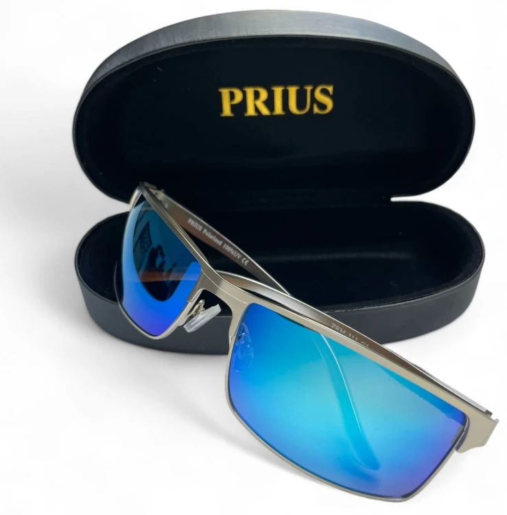 Prius PRM-313 C4 okulary sportowe srebrne z niebieskimi soczewkami w etui - widok z przodu