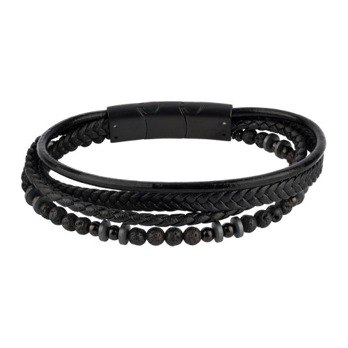 Czarna męska bransoletka Pacific z plecionymi paskami i koralikami na białym tle
