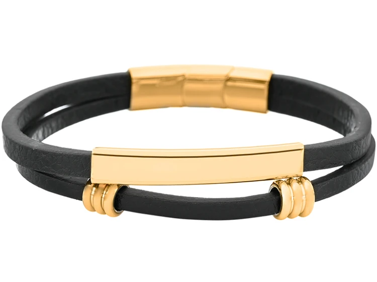 Męska bransoletka Pacific z podwójnego czarnego paska z gładką blaszką w kolorze złotym