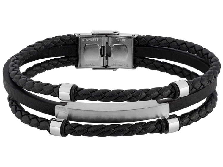 Czarna męska bransoletka Pacific z plecionymi paskami i podłużną blaszką w kolorze srebrnym