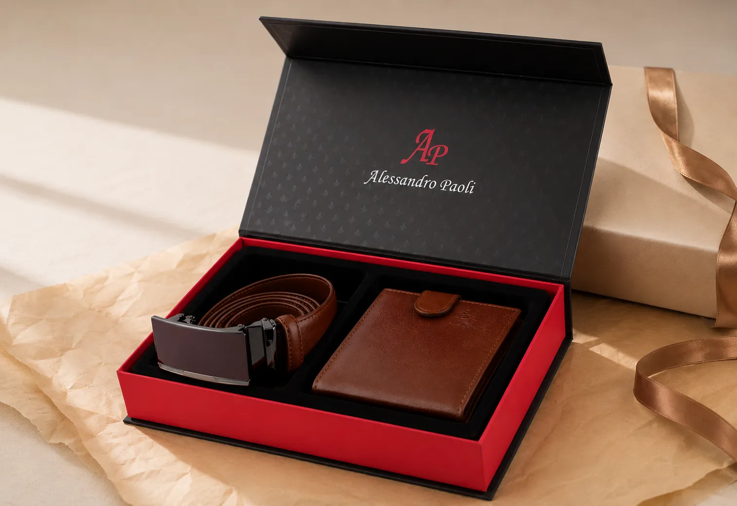 Zestaw prezentowy męski portfel i pasek skórzany Alessandro Paoli w eleganckiej aranżacji